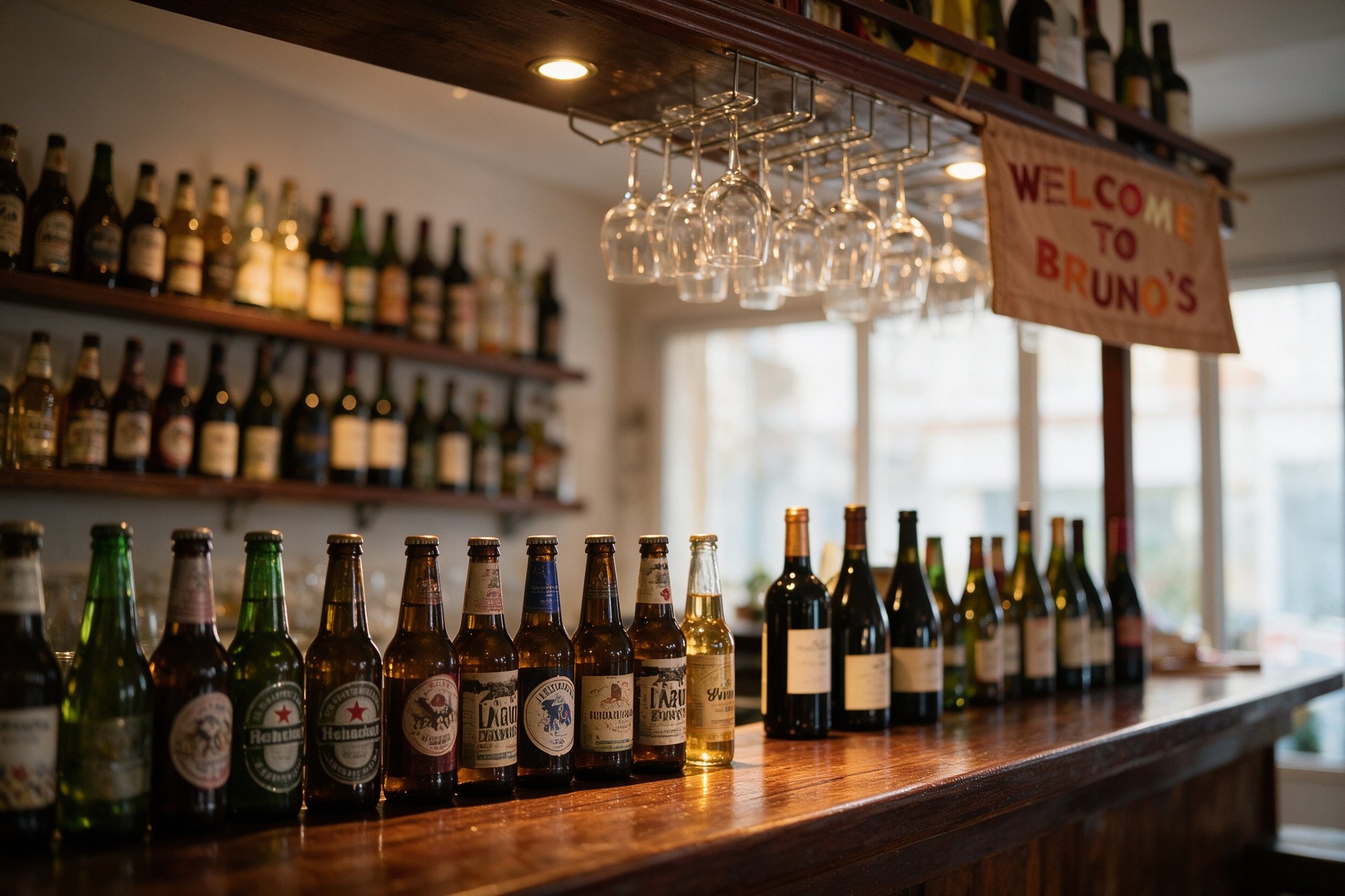Barra de madera oscura de Bruno's Grill con botellas de cerveza y vino, banderola WELCOME TO BRUNO'S