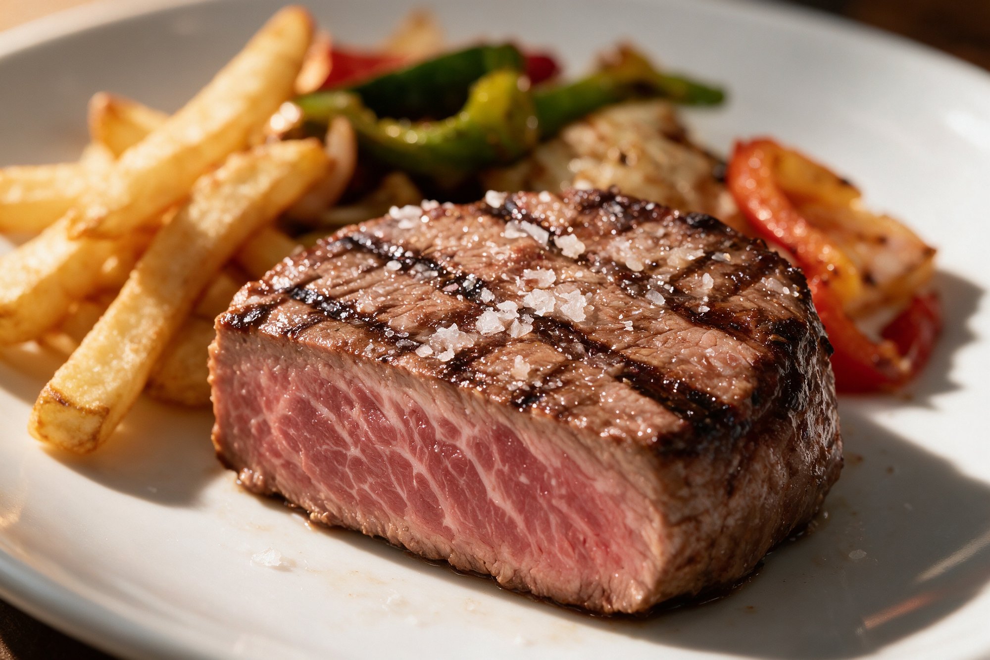 Filete mignon a la brasa con sal gruesa, patatas fritas y verduras asadas