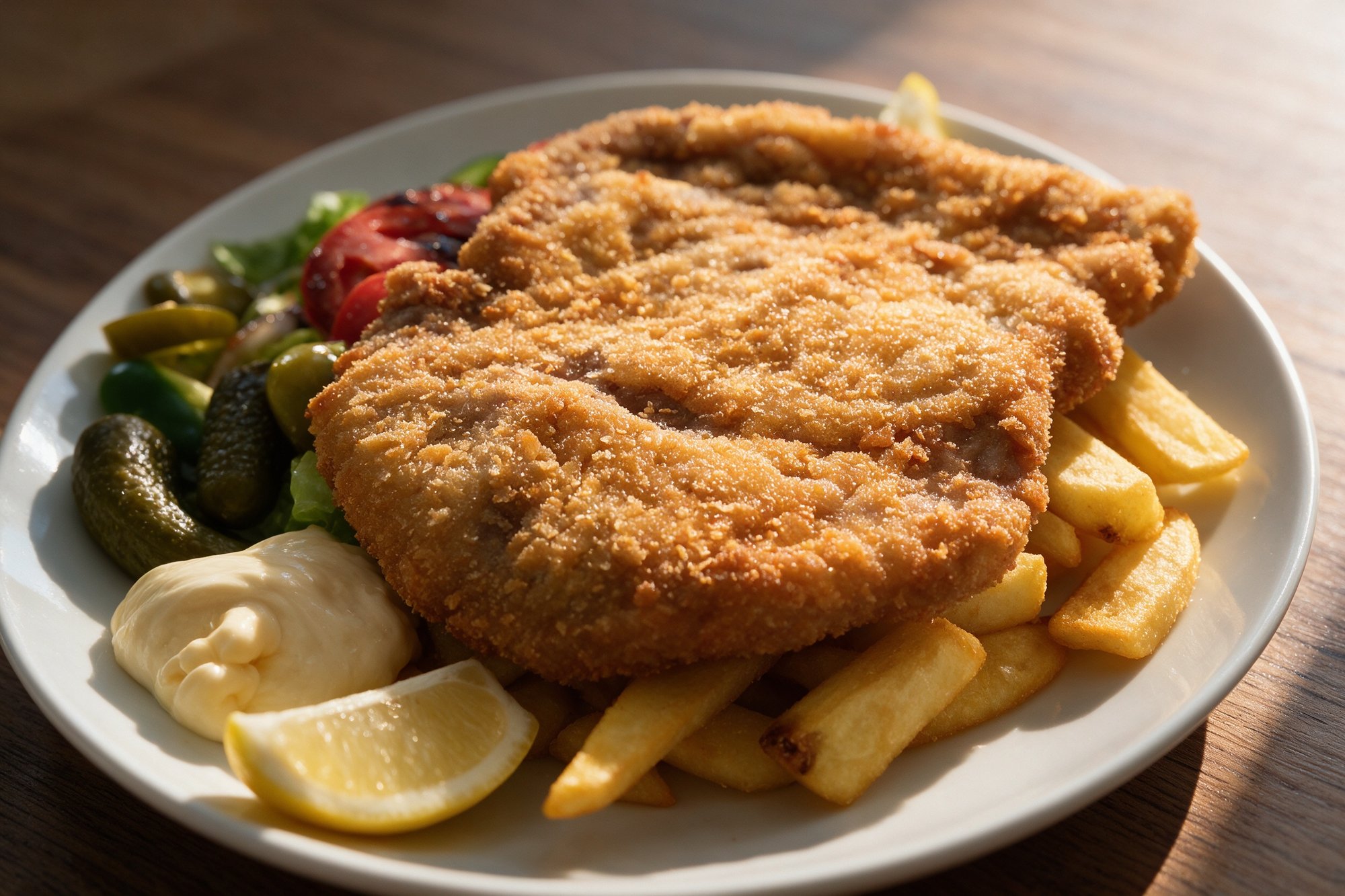 Schnitzel de cerdo empanado al estilo checo con patatas fritas y ensalada